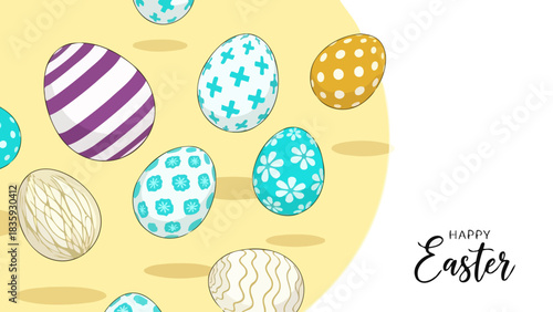 Vibrant collection of decorative Easter eggs with unique patterns on a cheerful yellow background, perfect for spring holiday greetings and festive celebrations