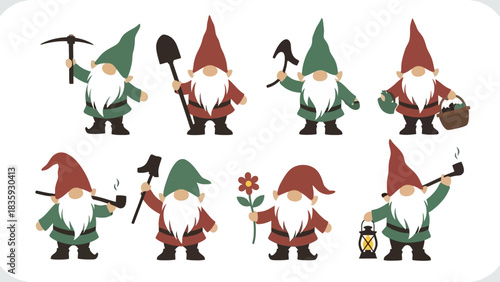 Charming Garden Gnomes Collection Adorable Cartoon Characters in Various Poses and Gardening Tools
