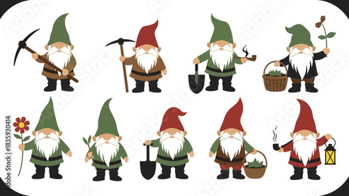 Collection of Garden Gnomes Holding Tools, Flowers, and Baskets