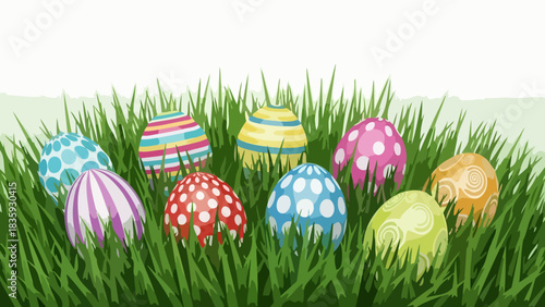 Colorful Easter Eggs Nestled in Green Grass, Celebrating the Spring Holiday with Festive Decorations