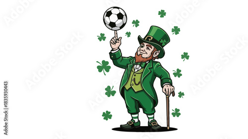 Leprechaun balancing a soccer ball with shamrocks, festive illustration