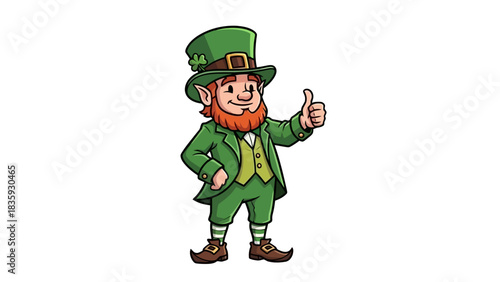 Cheerful leprechaun mascot character in a green suit and top hat giving a thumbs up gesture