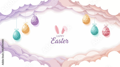 Festive Easter Eggs and Clouds A Colorful Holiday Greeting Card Design for Celebrations