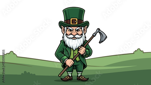 Mischievous Leprechaun Holding a Hoe with a Grassy Field Background