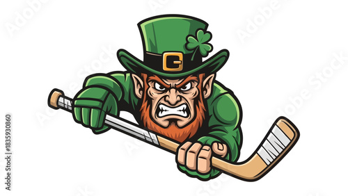 Fierce leprechaun mascot with a red beard and green hat playing a game of ice hockey