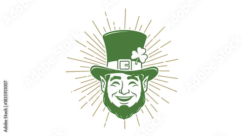 Smiling leprechaun graphic featuring a vibrant green top hat adorned with a lucky shamrock, radiating cheerful Irish charm and a festive spirit of good fortune