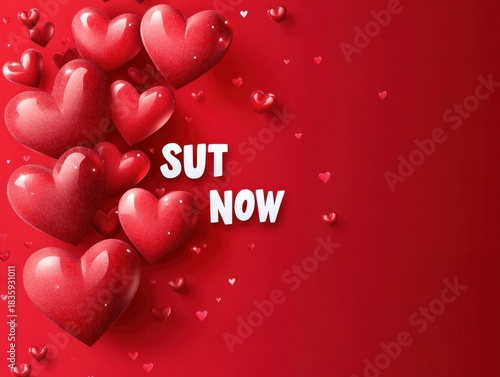 Cluster of shiny red hearts on the left in front of a red background with floating smaller hearts and white bold text saying 'SUT NOW' expressing love or romance