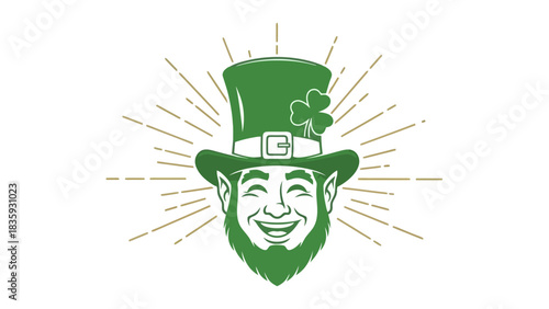 Smiling leprechaun graphic featuring a vibrant green top hat adorned with a lucky shamrock, radiating cheerful Irish charm and a festive spirit of good fortune