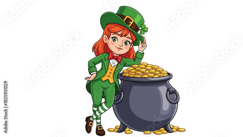 Leprechaun Girl with Pot of Gold St Patrick's Day Illustration