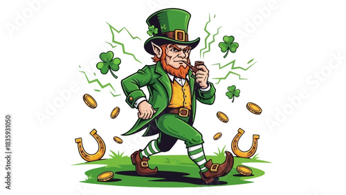 Leprechaun Running with Gold Coins and Horseshoes, St patrick's day