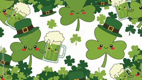 A festive seamless pattern of cute kawaii shamrocks wearing leprechaun hats and holding beer mugs for St patrick's day