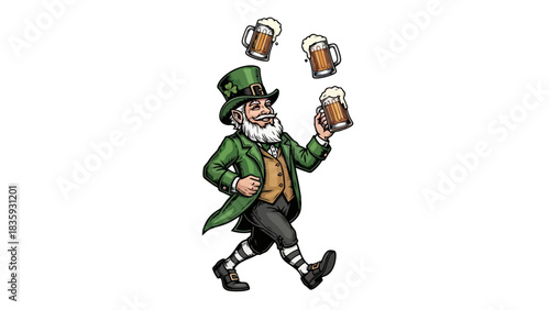 Cheerful cartoon leprechaun in green suit and tall hat, happily juggling frothy mugs of golden ale, perfect for Irish celebrations, pub branding, and festive beverage promotions