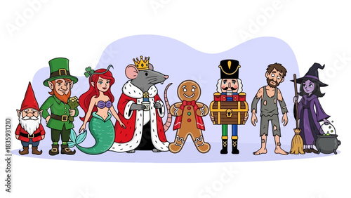 Colorful cartoon illustration depicting a whimsical ensemble of fairy tale and folklore characters, perfect for children's stories and fantasy themes