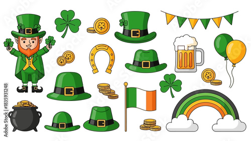 Vibrant collection of St. Patrick's Day festive elements featuring a cheerful leprechaun, lucky shamrocks, green hats, a pot of gold, and a colorful rainbow, perfect for celebrations