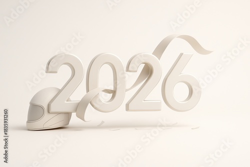 3D rendering of the year 2026 with a futuristic helmet. Symbolizing innovation, technology, and future trends.