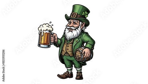Mythical leprechaun character in a festive green suit holding a stein of ale, symbolizing Irish culture and St. Patrick's Day celebration