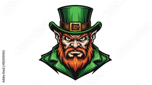 Fierce Bearded Character with Green Top Hat and Coat Illustration. Intense Mascot Design Element for Sports, Gaming, or Brand Identity