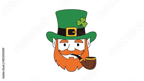 Vector illustration of a traditional Irish leprechaun head with a red beard, smoking a pipe and wearing a green top hat with a shamrock for St. Patrick's Day