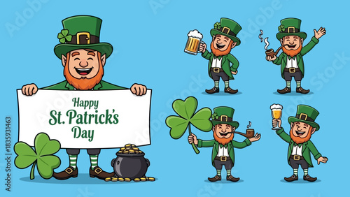 Cheerful cartoon leprechaun character set celebrating St. Patrick's Day with beer, shamrocks, and a pot of gold