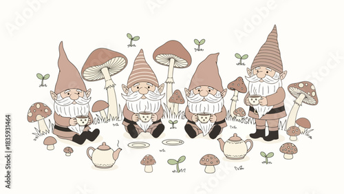 Whimsical Garden Gnomes Enjoying Tea Time Amidst Mushrooms and Sprouts