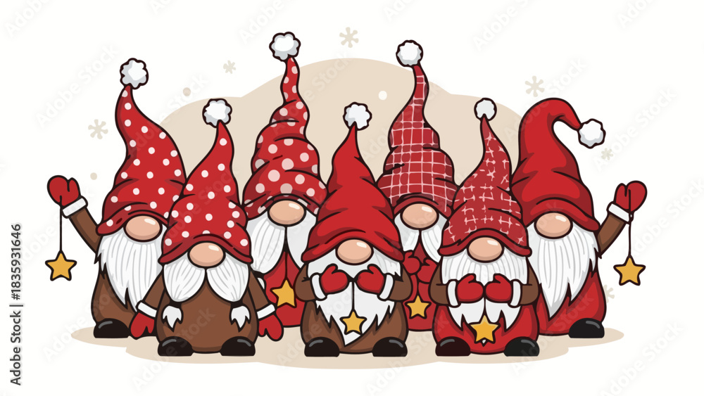 Fototapeta premium Adorable group of seven cartoon Christmas gnomes with long white beards and festive red patterned hats