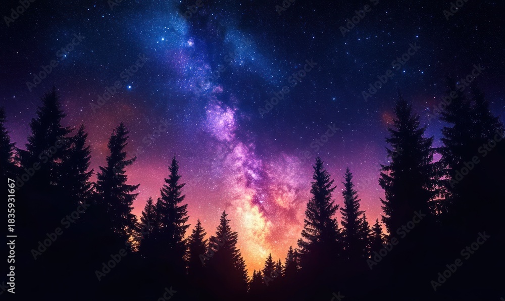 Fototapeta premium Silhouetted pine trees under a vibrant starry night sky with a glowing purple and orange Milky Way galaxy stretching vertically
