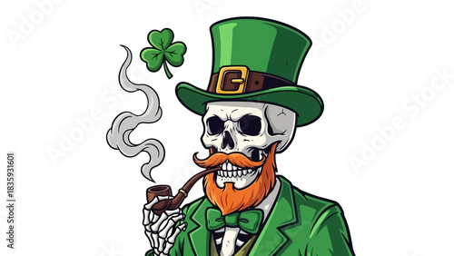 A skeleton wearing a green top hat and suit, smoking a pipe with a shamrock on his hat