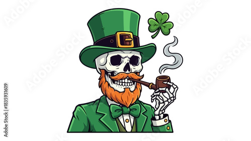 Skeleton Leprechaun Smoking Pipe Vector Illustration