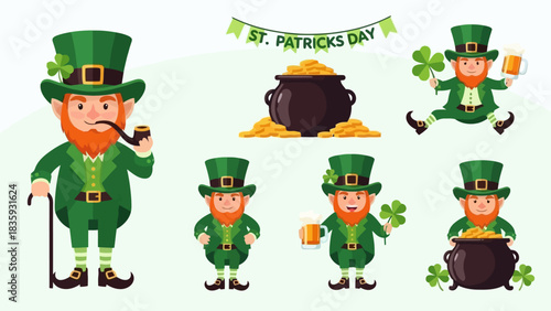 Saint Patrick's Day Leprechaun Collection Featuring Green Hats and Pots of Gold Illustrations