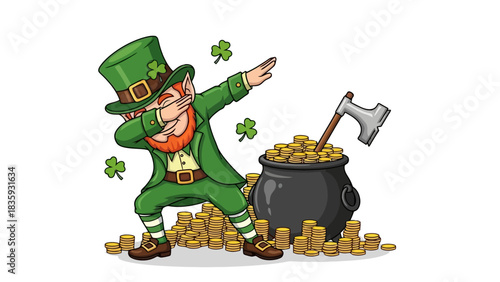 A whimsical cartoon leprechaun in a green suit and hat performing a popular dab dance move next to a gleaming pot of gold coins and lucky shamrocks, symbolizing good fortune and celebration