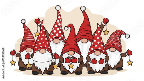 A charming and whimsical illustration featuring a group of festive gnomes in red hats, adorned with stars, celebrating the joyous holiday season