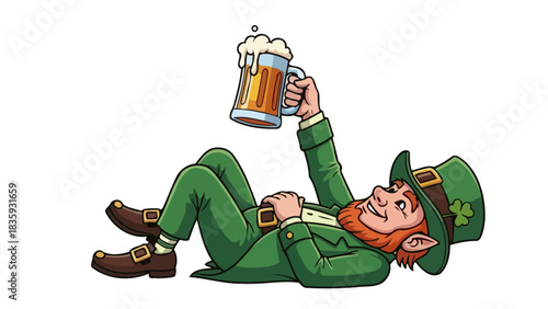 Cheerful cartoon leprechaun in a green suit lying down and raising a mug of frothy beer for a toast