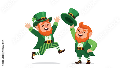 Two cheerful cartoon leprechauns in green costumes dancing and celebrating for Saint Patrick's Day