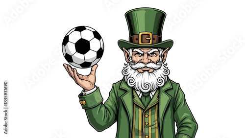 Cartoon Leprechaun Holding Soccer Ball, Green Costume, Fantasy Illustration Concept