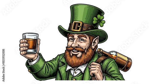 Irish leprechaun character holding a drink, celebrating with a cheerful toast, representing good fortune and festive spirit