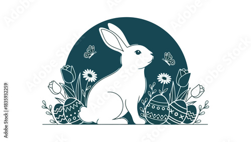 A white Easter bunny sits among decorated eggs, tulips, and daisies, with butterflies fluttering around.