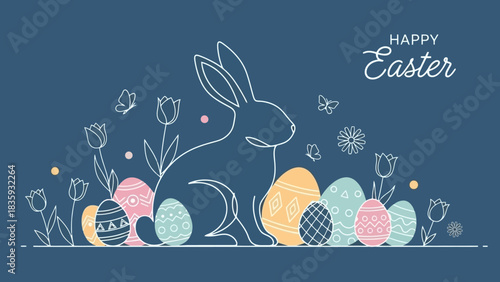 A minimalist line art illustration of a rabbit surrounded by Easter eggs and tulips, with butterflies in the background, on a dark blue canvas.