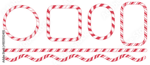 Candy cane borders in square, circle, and oval, vector christmas frames featuring striped candy lollipop pattern,
