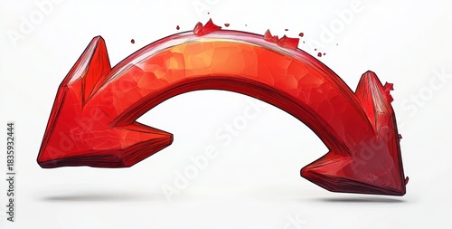 three-dimensional curved red arrow with worn and chipped texture bending downward against a plain white background conveying motion and dynamic energy