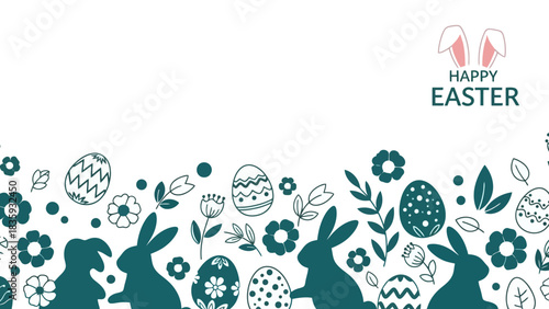 Happy Easter background with bunnies, eggs, and floral elements, perfect for spring celebrations and festive designs