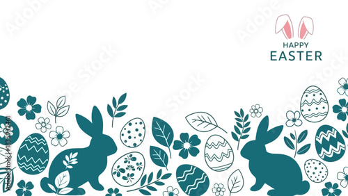 Happy Easter Illustration with Bunnies, Eggs, and Floral Elements in a Decorative Border Design