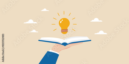 Hand holding book with lightbulb above representing knowledge and inspiration