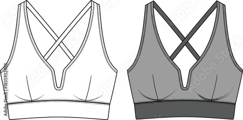 Sports bra technical sketch, deep V-neck, crisscross straps, wide underband, seam detail, cad drawing flat vector illustration