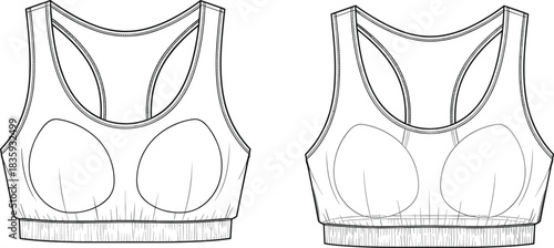 Sports bra technical sketch, racerback style, padded cups, scoop neckline, wide straps, fashion CAD, cad drawing flat vector illustration