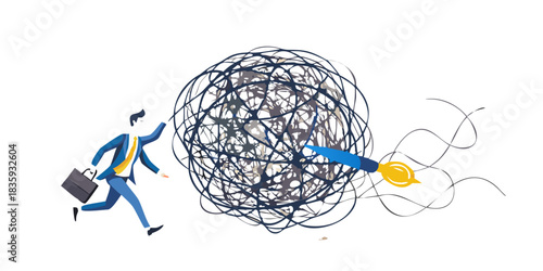 Businessman running from tangled mess created by paintbrush on black background