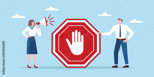 Business people with stop sign and megaphone announcing important message