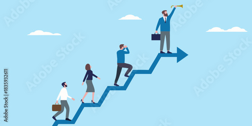 Business team climbing arrow chart to success with leadership