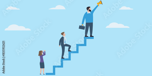 Business leadership and career growth team climbing steps to success vector illustration