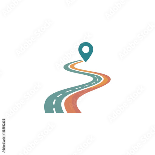 A winding road with a location pin indicating a destination or travel route