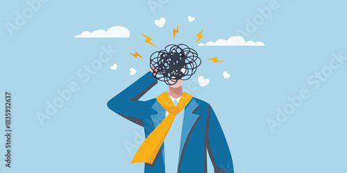 Overwhelmed businessman with tangled thoughts and emotional turmoil in a flat design